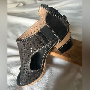 L’Artiste by Spring Step; Black Leather Laser-Cut Peep-Toe Sandal w/back zipper